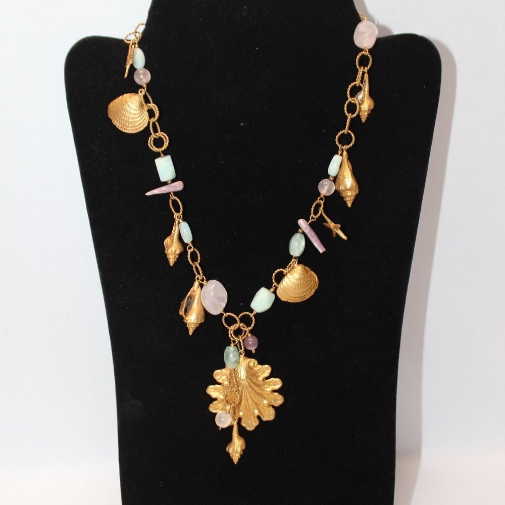 "DB" Gemstone and Gold Tone Shells Link Necklace